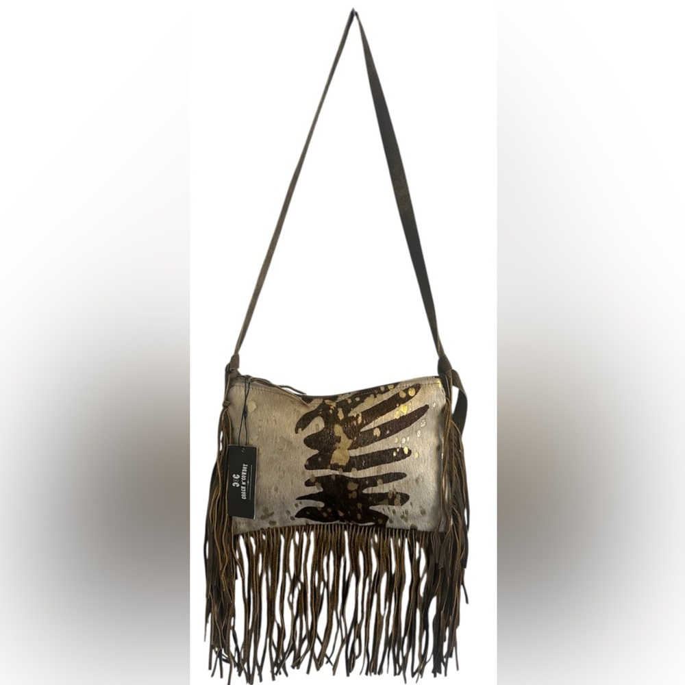 Real Calf Hair Fringe Brown White Zebra Bag Purse Leather Suede Tassel Boho NWT